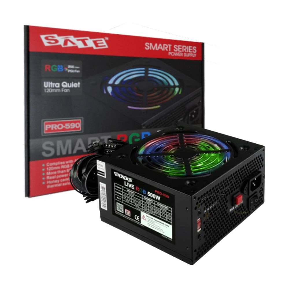 FUENTE DE PODER 500W SATE PRO-590 RGB GAMING MODULAR 20+4PX1/PERIFERICOSX2/SATAX4/PCI-E P6+2X2/CPU P4+P4X1